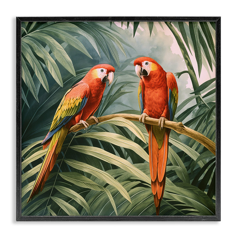 «Parrot Duo in Rainforest», art de la giclée encadrée par Steve Hunziker, Cadre noir, H 17 po x l 17 po
