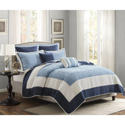 Courtepointe 7 pièces pour lit double / grand lit avec coussins décoratifs - bleu marine, matelassage médaillon, taies décoratives réversibles assorties faciles d'entretien, bordure unie, rembourrage