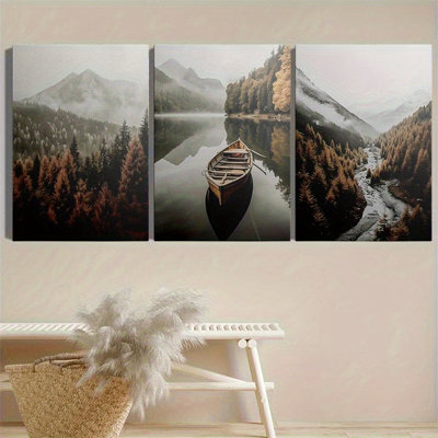 Misty Mountain Lake and Boat Canvas Wall Art Set of 3
