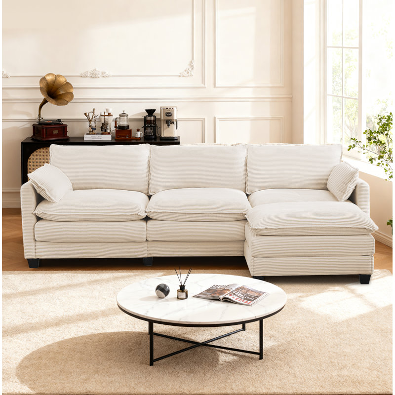 102" Corduroy L-Shaped Couch 3-Seater With Movable Ottoman, Beige