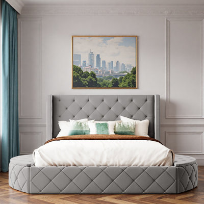 Lit plateforme tapissier avec tête de lit à oreilles, 1 grand tiroir et 2 tabourets de rangement latéraux