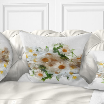 Bunch of White Chamomiles Watercolor - Floral Printed Throw Pillow