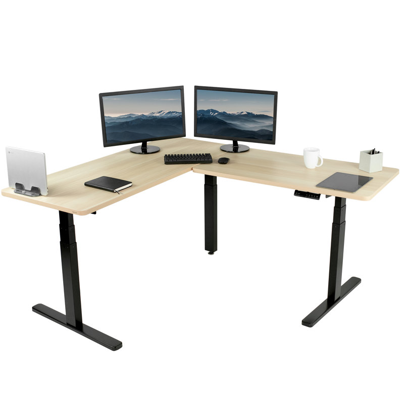 67in x 60in L-Shaped Electric Desk, 3E6B Series, Light Wood/Black