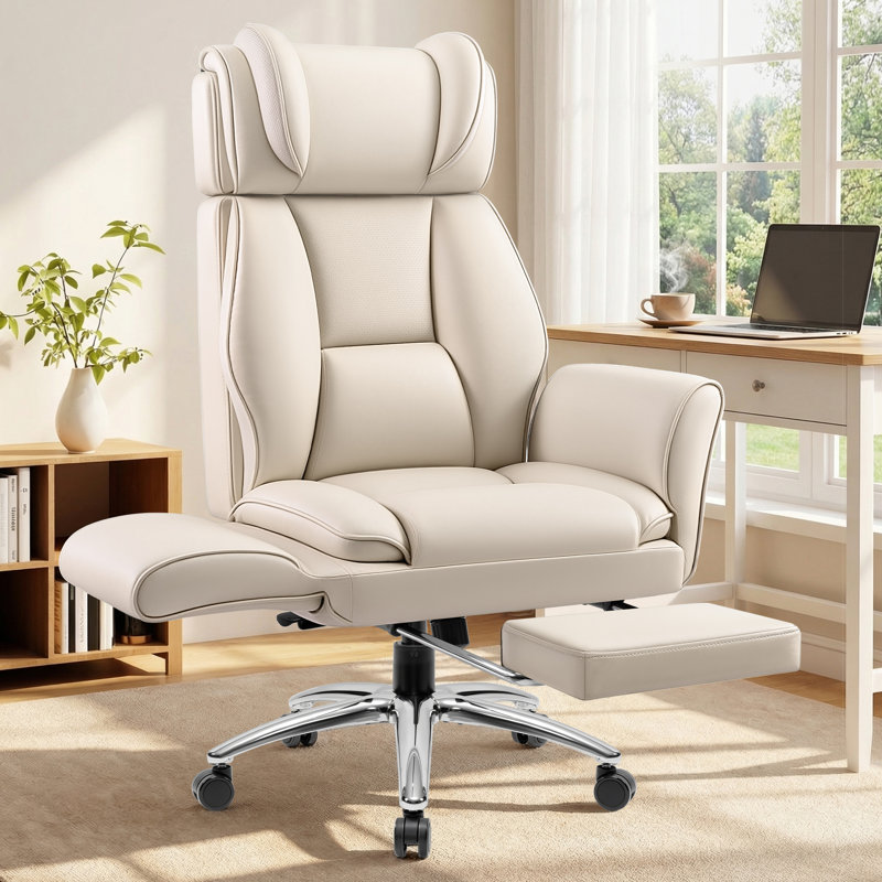 Big and Tall Cross Legged Office Executive Chair with Footrest and Convertible Infinite Gear Armsrest, White
