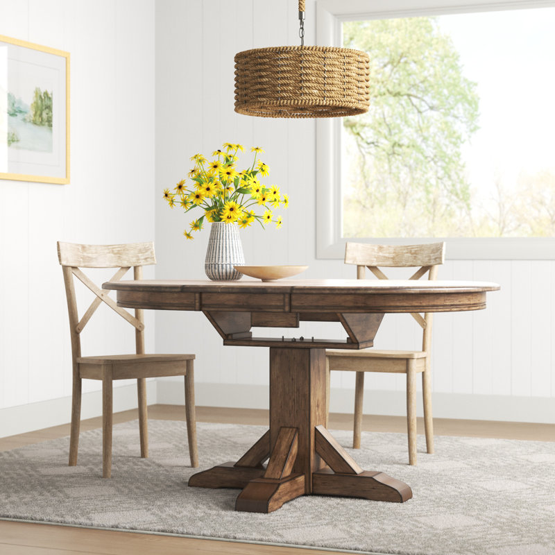 Kewaunee Extendable Rubberwood Round Solid Wood Top with Solid Wood Base Dining Table, Rustic Brown