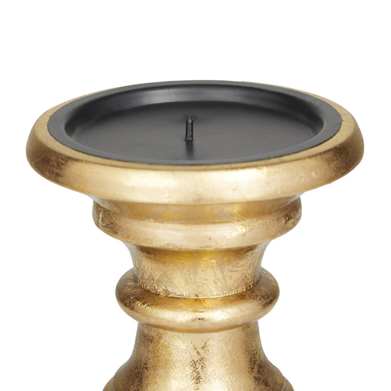 Mango Wood Turned Style Pillar Candle Holders, Gold