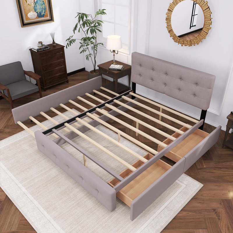 Grand lit plateforme tapissier avec 2 tiroirs et 1 lit gigogne simple TG, Gris clair
