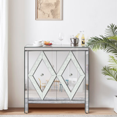 Storage Cabinet With Mirror Trim And Diamond Shape Design  Spliced Combination For Living Room, Dining Room, Entryway, Kitchen
