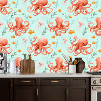 Peel and Stick Wallpaper Cute Underwater Octopus Fish Seaweed Jellyfish Contact Paper Removable Self Adhesive Wall Mural Wall Decor for Bedroom Kitchen Cabinets 24in x 118in
