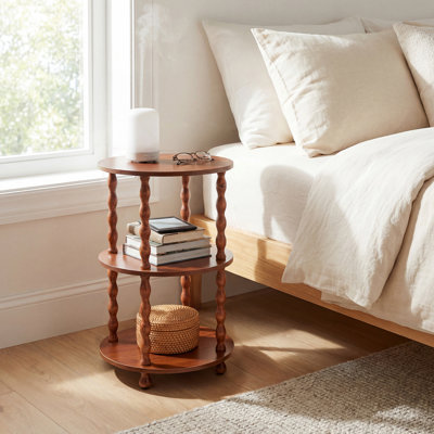 Table d'appoint ronde compacte à 3 niveaux avec support en spirale, table de bout moderne rétro avec tablette de rangement et pieds en bois pour le salon, la chambre à coucher, le bureau, l'érable