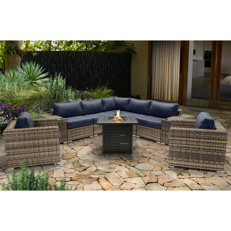 Ensemble de conversation modulaire 10 pièces avec coussins Sunbrella et foyer en métal Lsi, Bleu marine