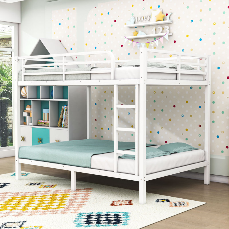 Metal Bunk Bed With Guardrails And Ladder, White, Full XL Over Full XL