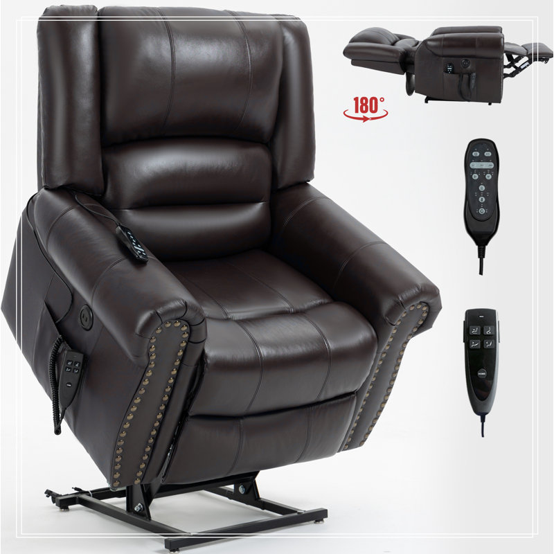 Power Lift Recliner Chair Heat Massage Dual Motor Infinite Position Up to 350 LBS, Genuine Leather, Brown