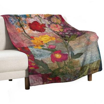 Patchwork Floral Luxury Flannel Throw Blanket, Soft Warm Fuzzy Blanket for Living Room Sofa Bed Home Decor