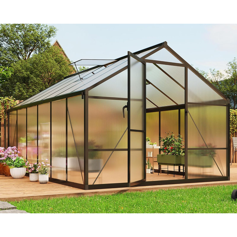 8 x 10/12FT Polycarbonate Walk-in Greenhouse with Roof Vent, Aluminum Frame Large Garden Greenhouse for Outdoors, Black