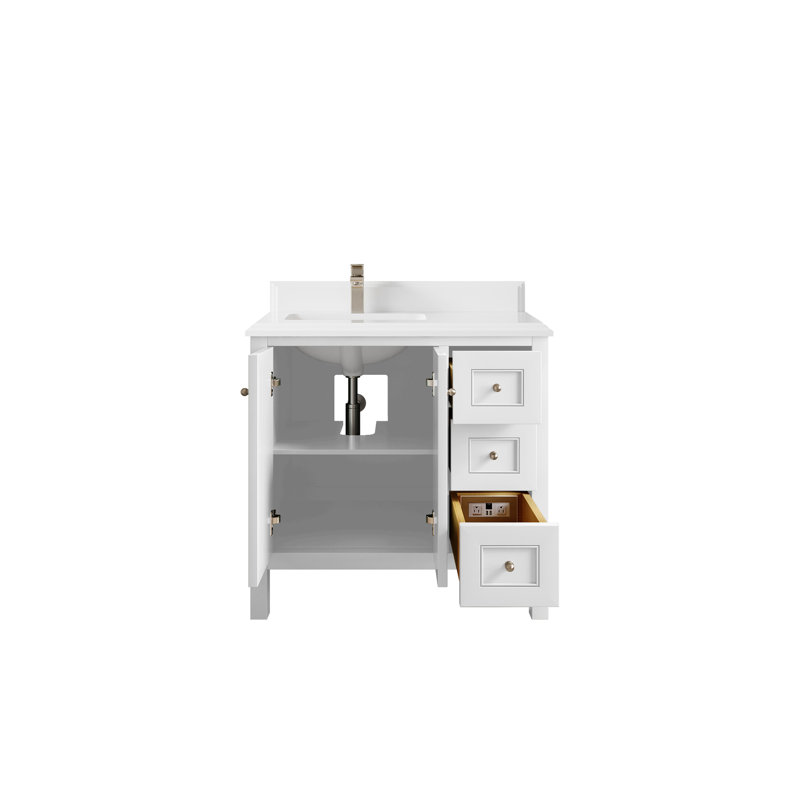 Nashville X P 22 po D Meuble-lavabo de salle de bain décalé gauche avec quartz Cove Edge, Blanc, Nickel brossé, Blanc