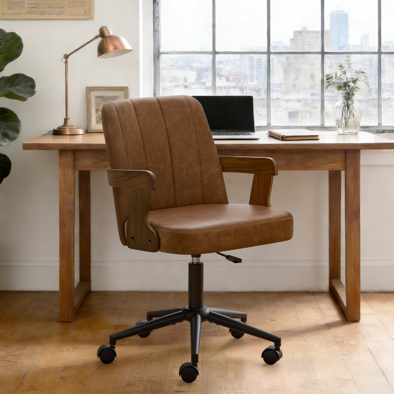 Breathable Cane Back Office Chair With Mid-Century Walnut Frame & Adjustable Swivel Base, Brown