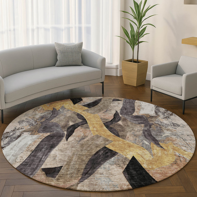 Premium Machine Washable Mayfield AMF2191 abstract Rug, Taupe, 8' Round
