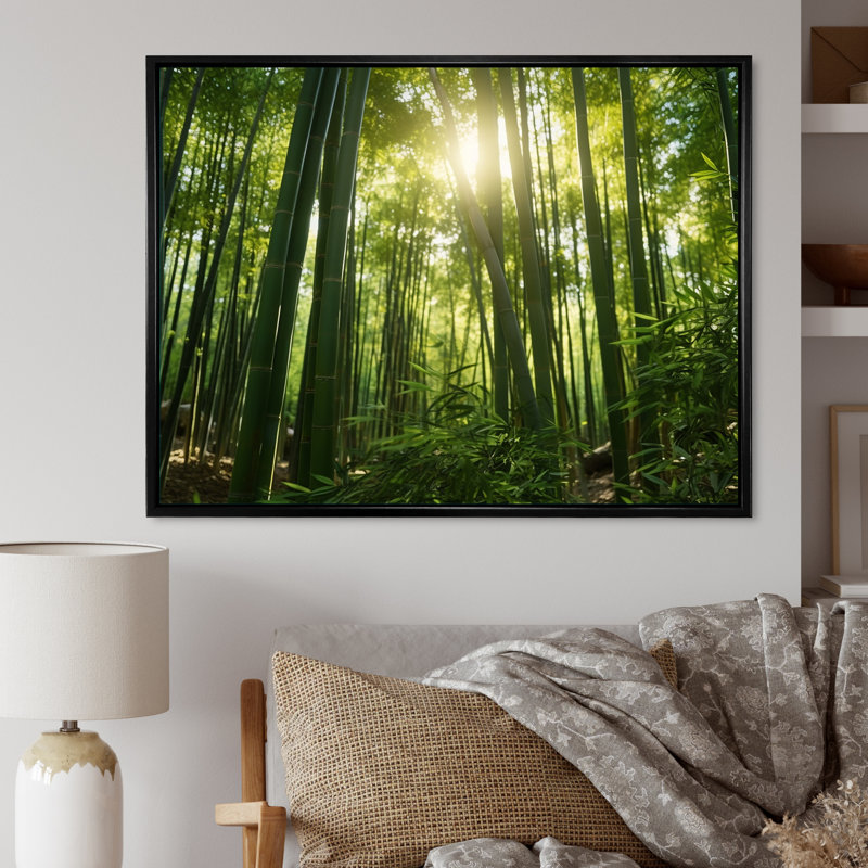 " Dynamic Light Bamboo Grove II ", 30" H x 40" W x 1.5" D, Black Floater Framed