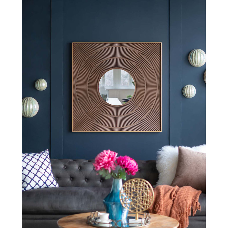 Miroir carré 40 "x 40" à motif plissé avec cadre en fer doré, couleur neutre, décoration murale pour le salon