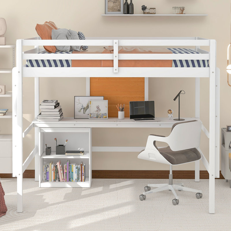 Lit mezzanine blanc avec bureau et tablettes - Maximisez l'espace de rangement, Double, Blanc