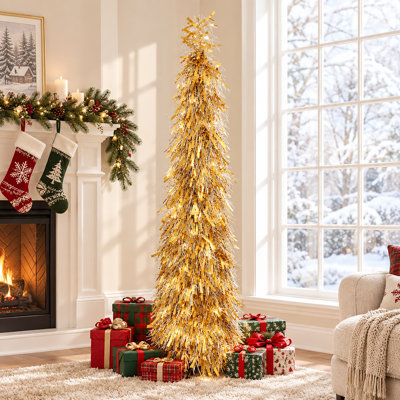 5 Ft Pre-Lit Tinsel Christmas Tree, Slim Metallic Tinsel Artificial Holiday Tree with LED Lights, Collapsible Christmas Tree for Indoor Home Party Decor
