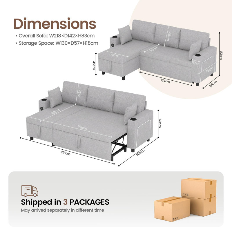 3 Seater Fabric Sofa Bed, Light Grey