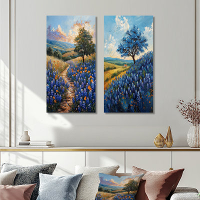 «Blue Green Meadow Charm Blue Bonnets III - Blue Bonnets», ensemble d'art 2 pièces