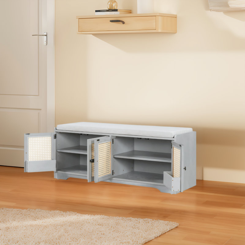 Banc de rangement pour chaussures avec coussin amovible et tablettes réglables, Gris délavé