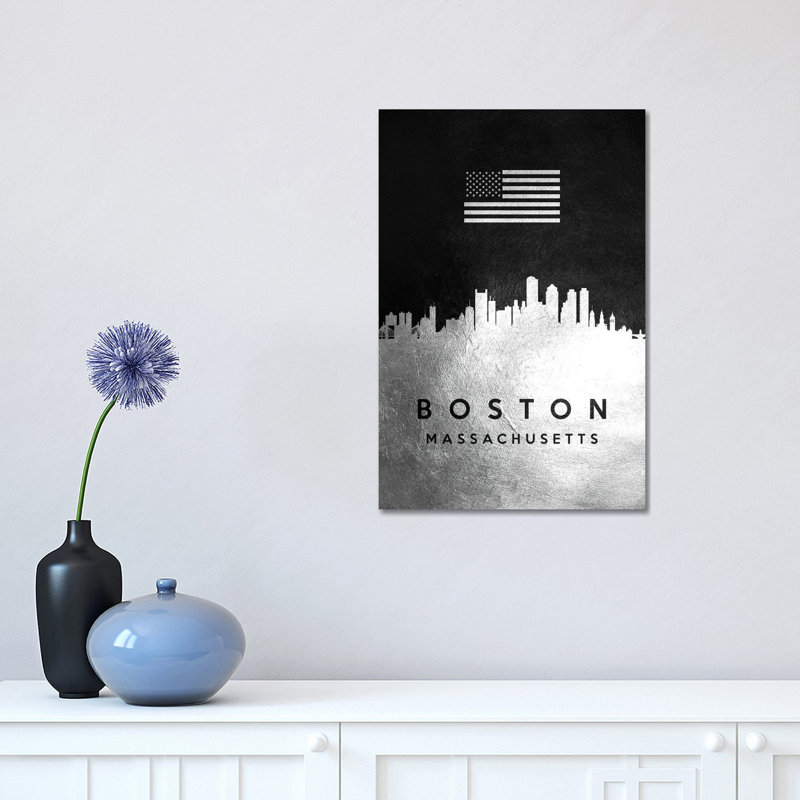 Boston Massachusetts Silver Skyline 1 Piece Wrapped Canvas Wall Art, 30.48 cm H x 45.72 cm W