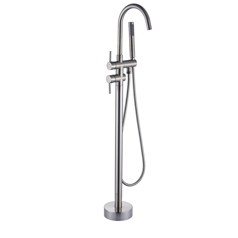 Brushed Nickel Floor Mount Tub Faucet, Handheld Shower, Proof Hose, Classic Design Bathtub Faucet With Mount, Ceramic Filler,