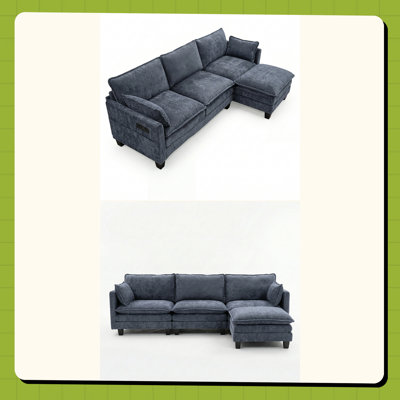 Modern Chenille Sofa Set, 3-Seat Couch with Individual Matching Ottoman, Modular Living Room Furniture with Built-in USB Ports and Side Pockets