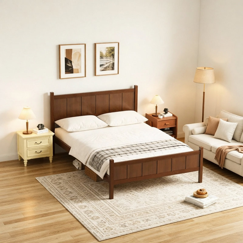 Lit plateforme moderne Farmhouse Style Design, Grand lit, Noyer foncé