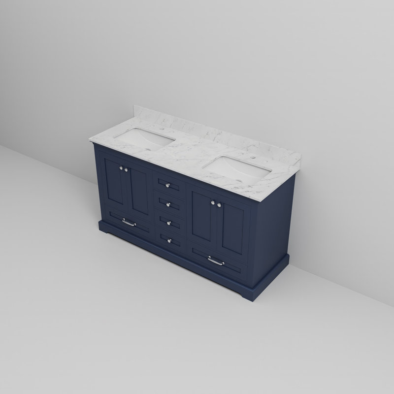 Dukes 60 in. W x 22 in. D Double Bath Vanity, Navy Blue, White Carrara Marble
