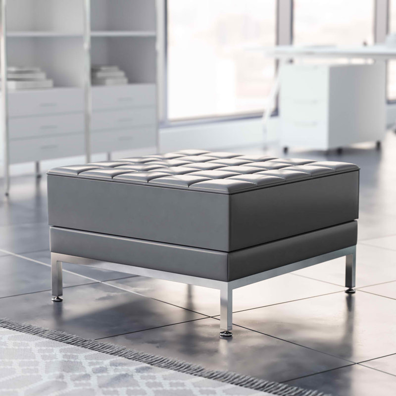Amjed LeatherSoft Quilted Tufted Modular Ottoman with Stainless Steel Legs, Gray