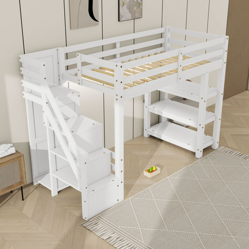 Lit mezzanine avec tablettes multifonctionnelles, escalier de rangement et lumière DEL, Simple