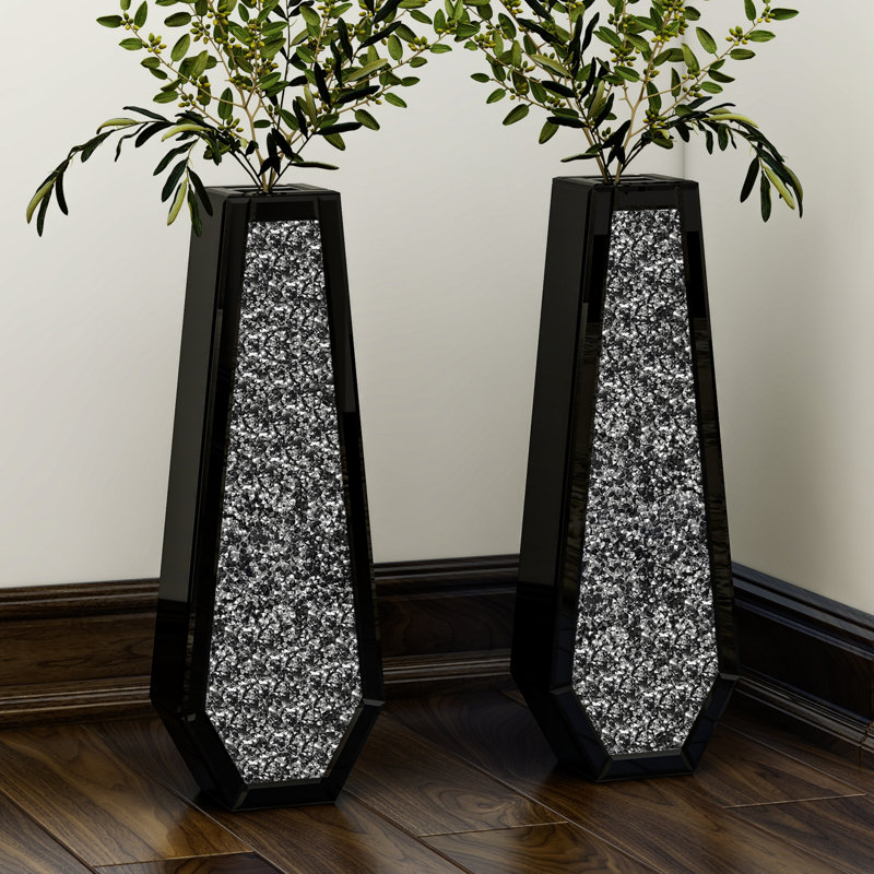Grand vase de sol noir décoratif de 61 cm de hauteur, style moderne fait main (lot de 2), design ultramoderne et élégant.