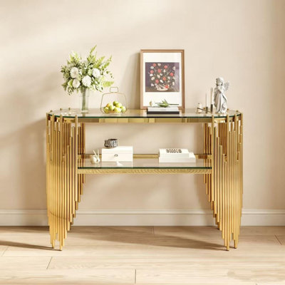 Console de luxe avec tablettes en verre trempé à 2 niveaux, table d'entrée ovale moderne pour le couloir et le salon, structure en acier inoxydable poli