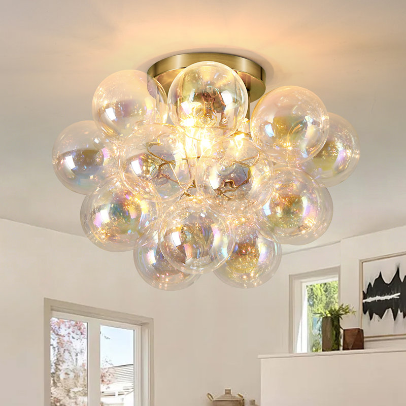 4-Light Gold Flush Mount Ceiling Light With A Cluster Of Iridescent Glass Globes, Colorful, Gold