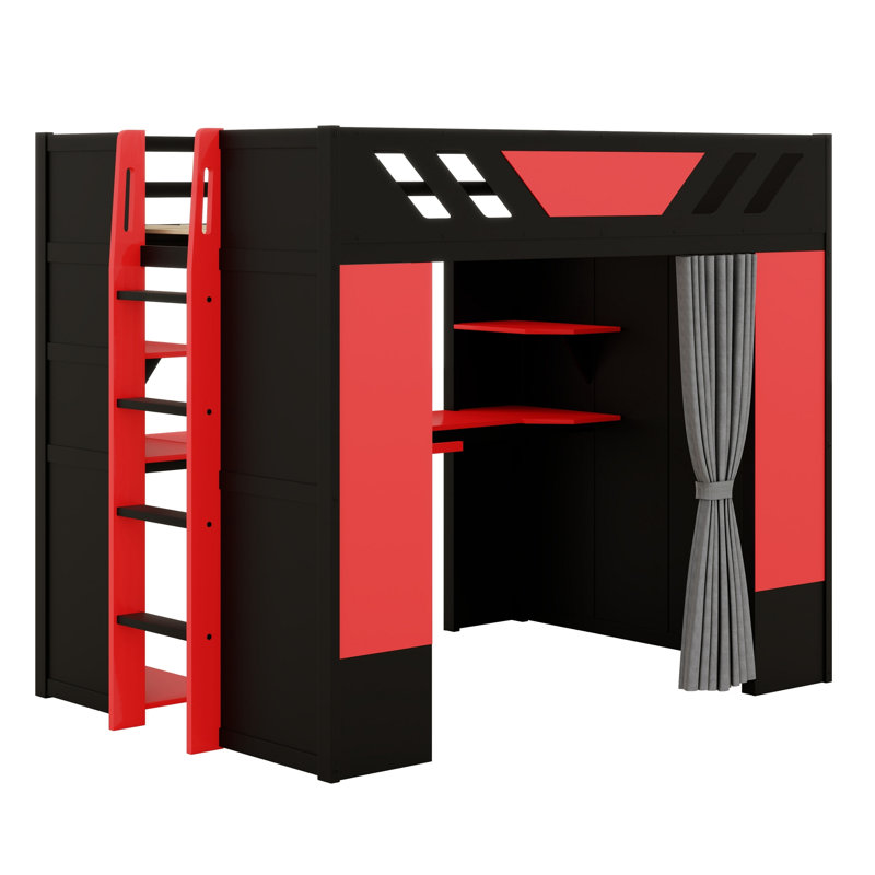 Lit mezzanine multifonctionnel avec tablettes de rangement, rideaux occultants et éclairage RVB, Noir et rouge