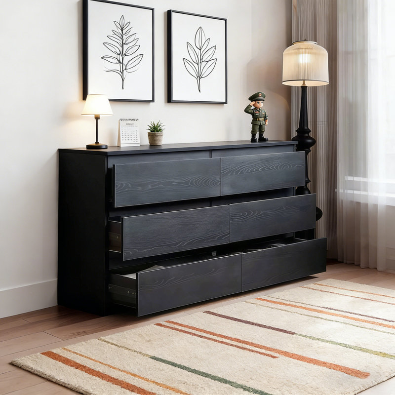 Modern Black Dresser With 6 Drawers, Spacious Countertop & Concealed Handles, Black