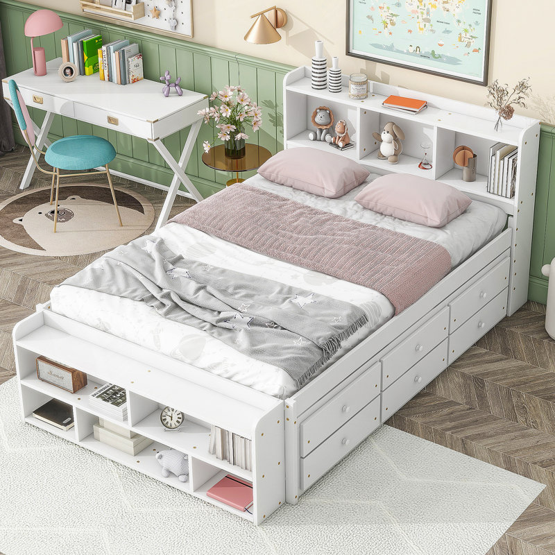 Bed with Side Bookcase, Drawers
