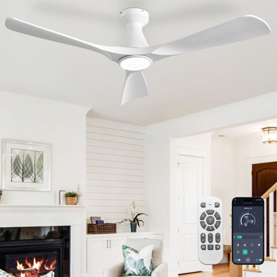 52 Inch White 3 Blade Flush Mount Low Profile Ceiling Fan with Lights and Remote, Dimmable Indoor Outdoor Fan with Remote APP Control Quiet DC Motor Timer