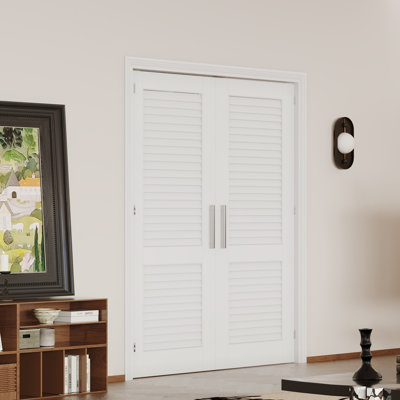 Slab Double Doors - Louvered White MDF Interior Doors Contemporary Interior Pantry Door (Handle, Latch & Pin Included, Paintable)