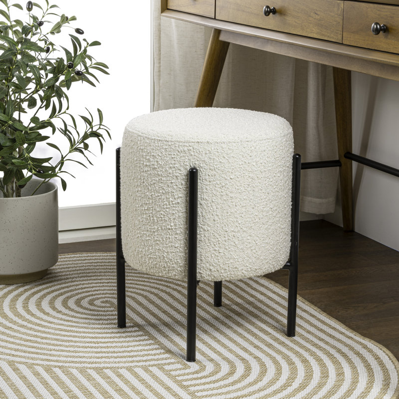 Collison 18.5" Modern Minimalist Round Backless Metal/Bouclé Cushioned Vanity Stool, White