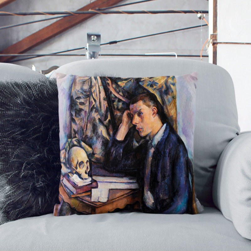 Young Man And Skull Square Throw Cushion, 40cm H x 40cm W x 15cm D
