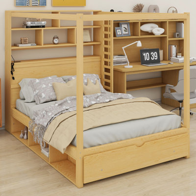 Structure de lit à baldaquin avec tête de lit bibliothèque, ports USB et lumières DEL pour ancrer une chambre à coucher moderne