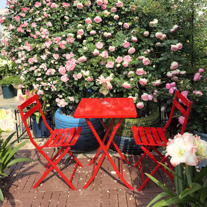 3 Piece Patio Bistro Set Of Foldable Square Table And Chairs, Red, Red