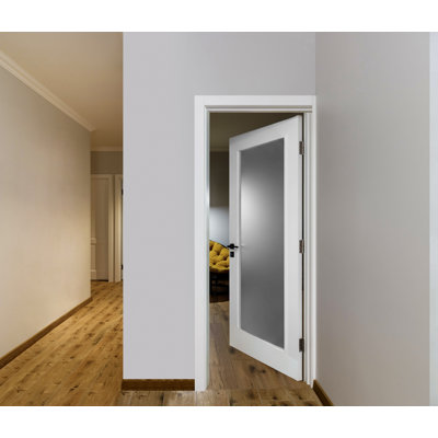 24 in. x 80 in.Right-Handed Solid Core White Primed Composite Single Prehung Interior Door Frosted Glass Shiny Nickel