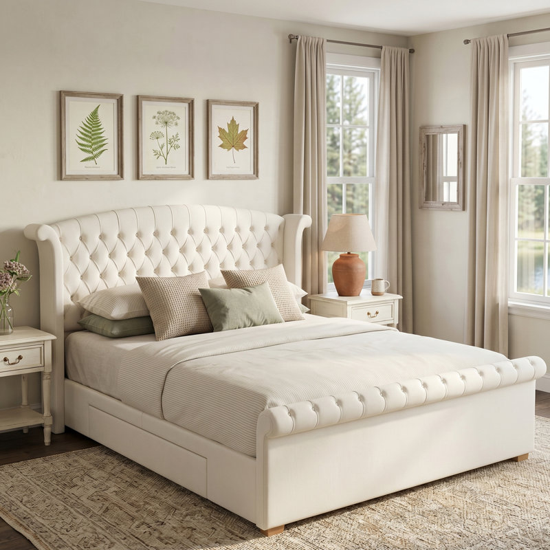 Velvet Upholstered Sleigh Bed with Tufted Wingback Headboard and Two Side Storage Drawers, Cream, King